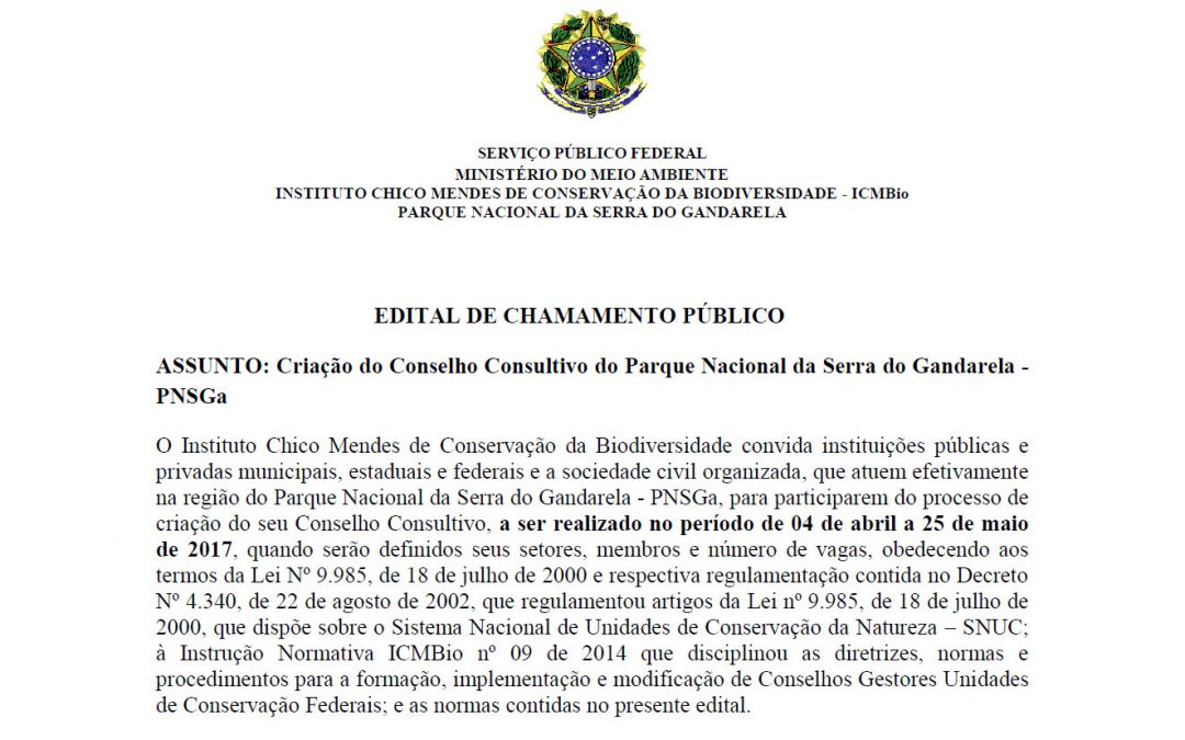 Aberto edital para criação do conselho consultivo do Parque Nacional da Serra do Gandarela – PNSGa